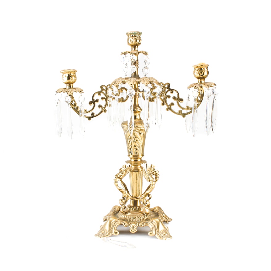 Rococo Style Brass and Crystal Candelabra