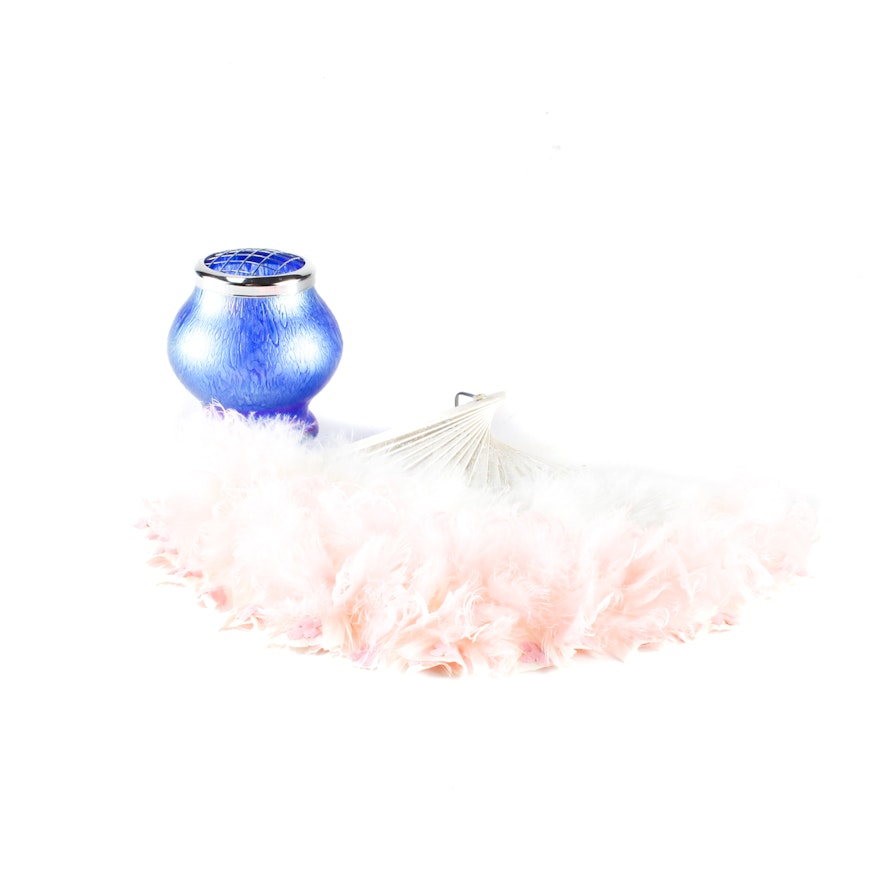 Died Pink Ostrich Feather Fan and a Blown Glass Flower Frog