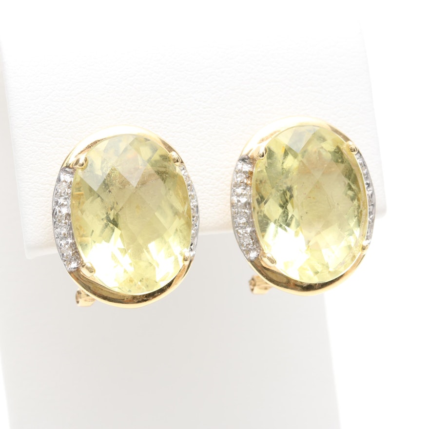 14K Yellow Gold Lemon Quartz and Diamond Earrings