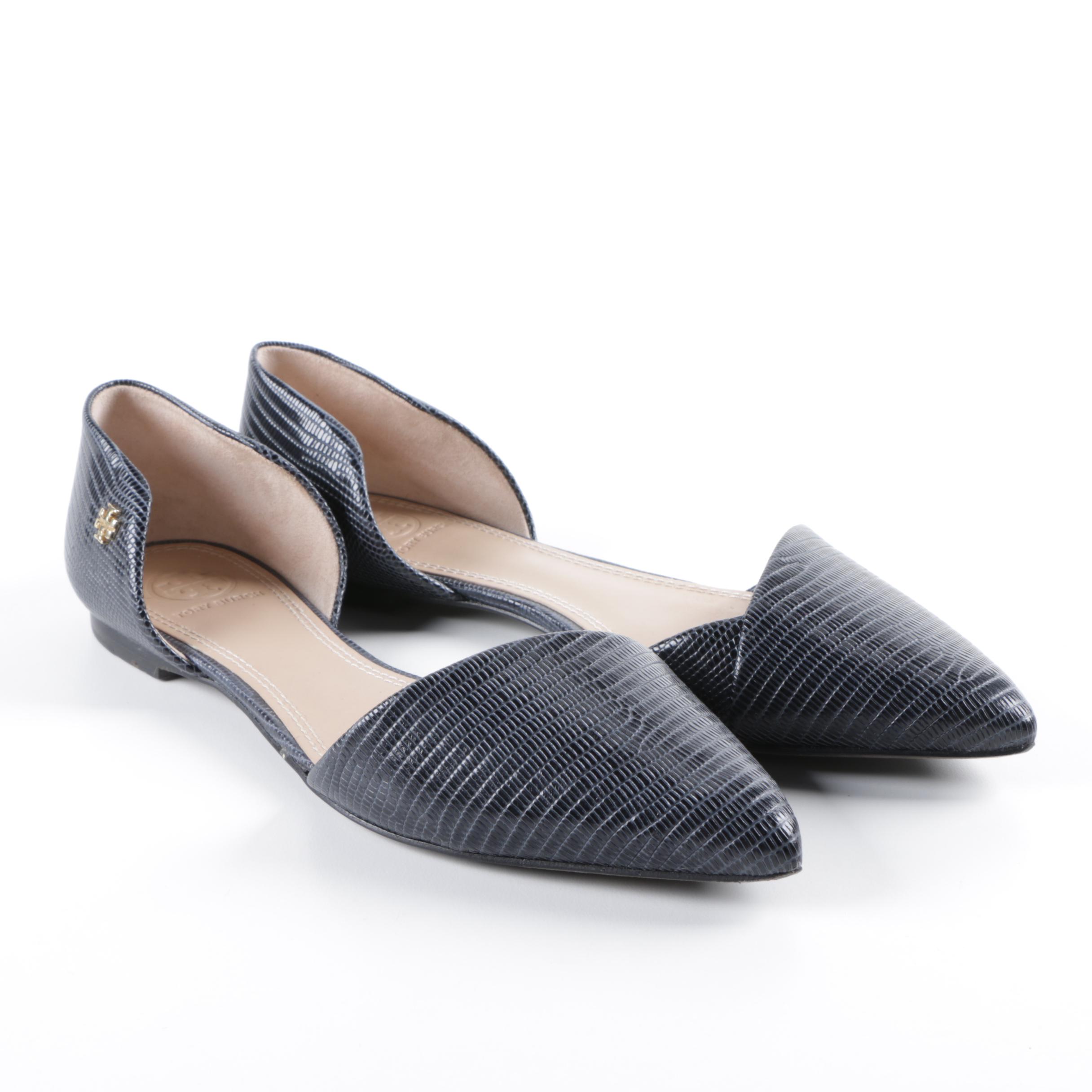 Women's Tory Burch Navy Embossed Leather Flats