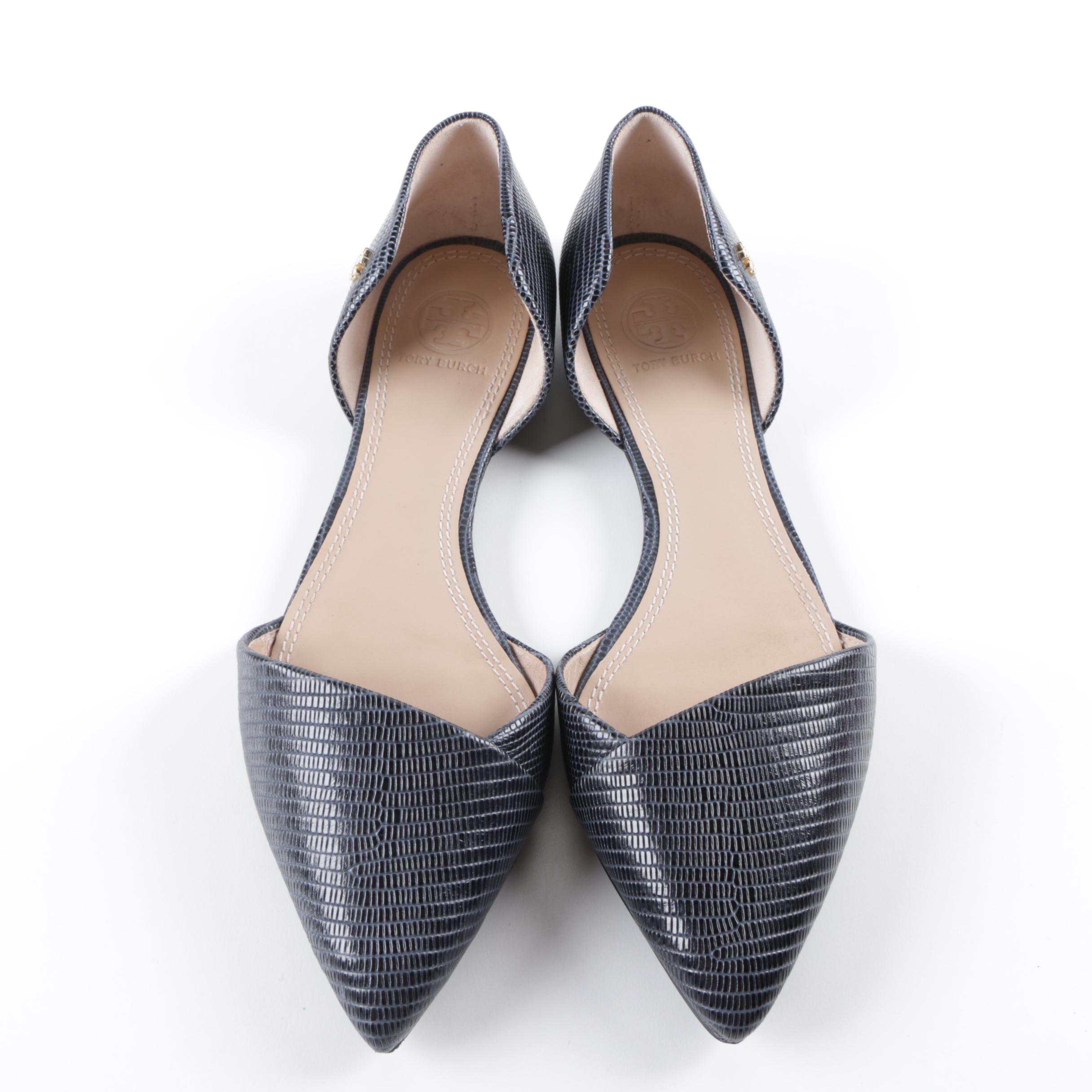 Women's Tory Burch Navy Embossed Leather Flats