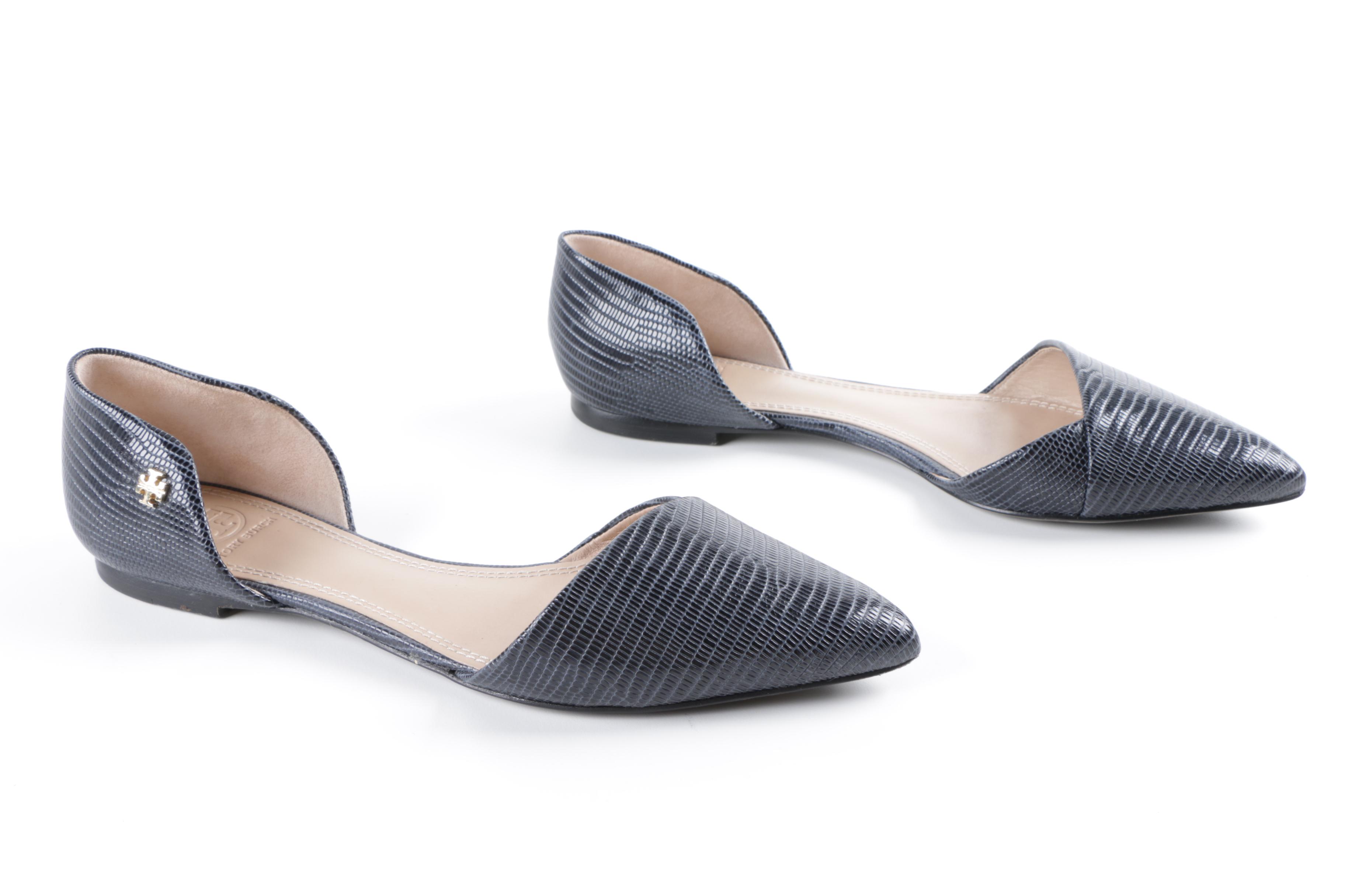 Women's Tory Burch Navy Embossed Leather Flats