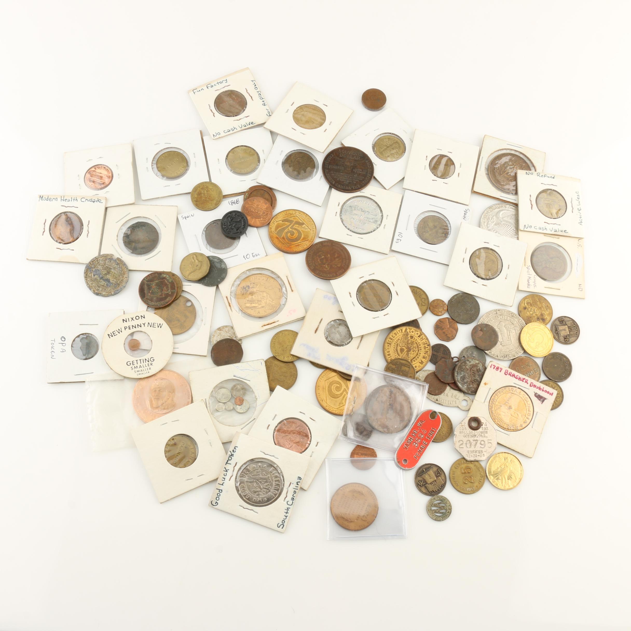 Group of Ninety Vintage Tokens, Medals and Novelty Coins