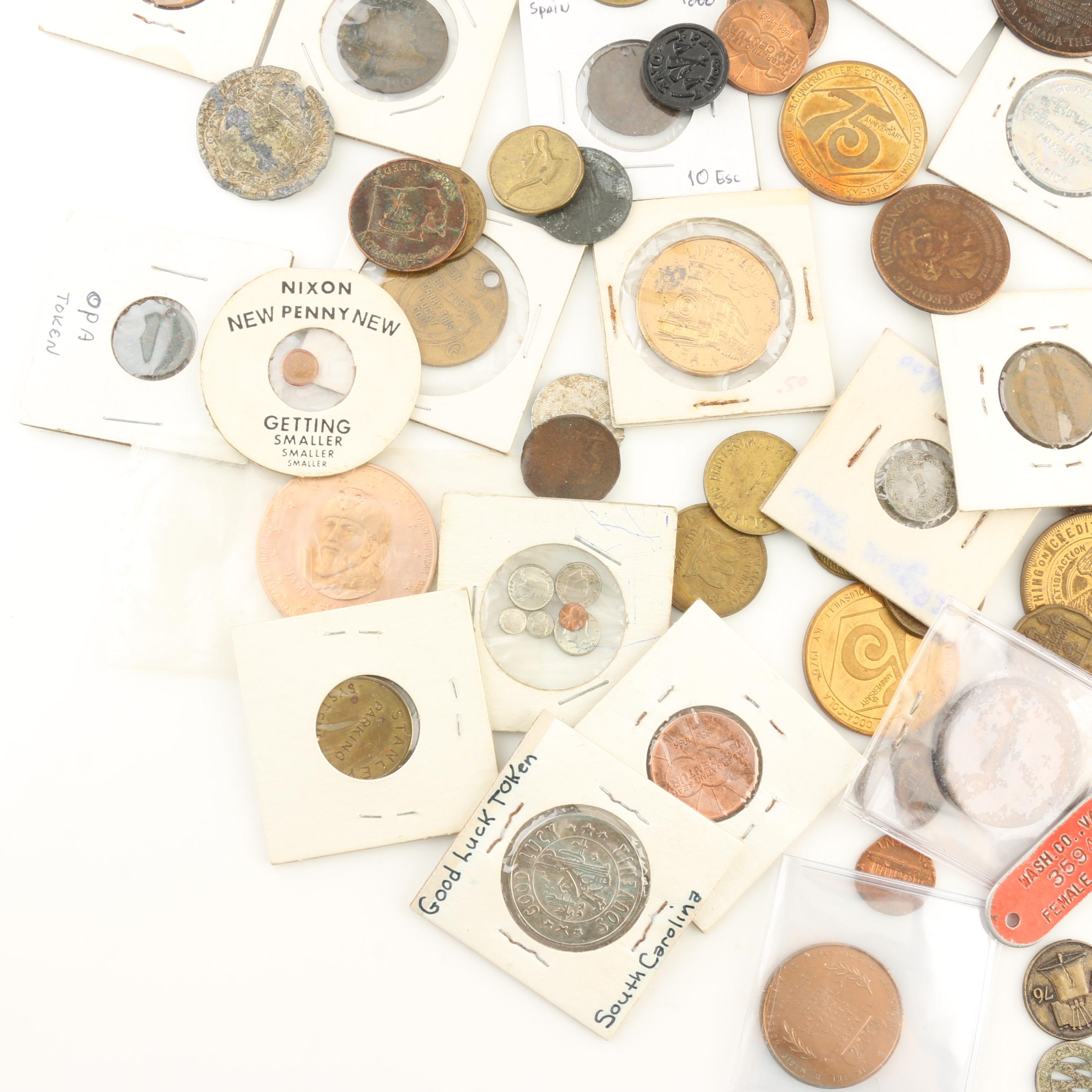 Group of Ninety Vintage Tokens, Medals and Novelty Coins
