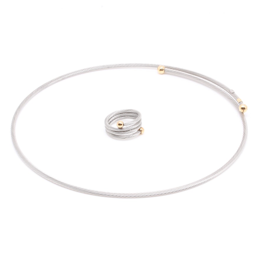 Steel Cable Necklace and Ring with 18K Yellow Gold Accent