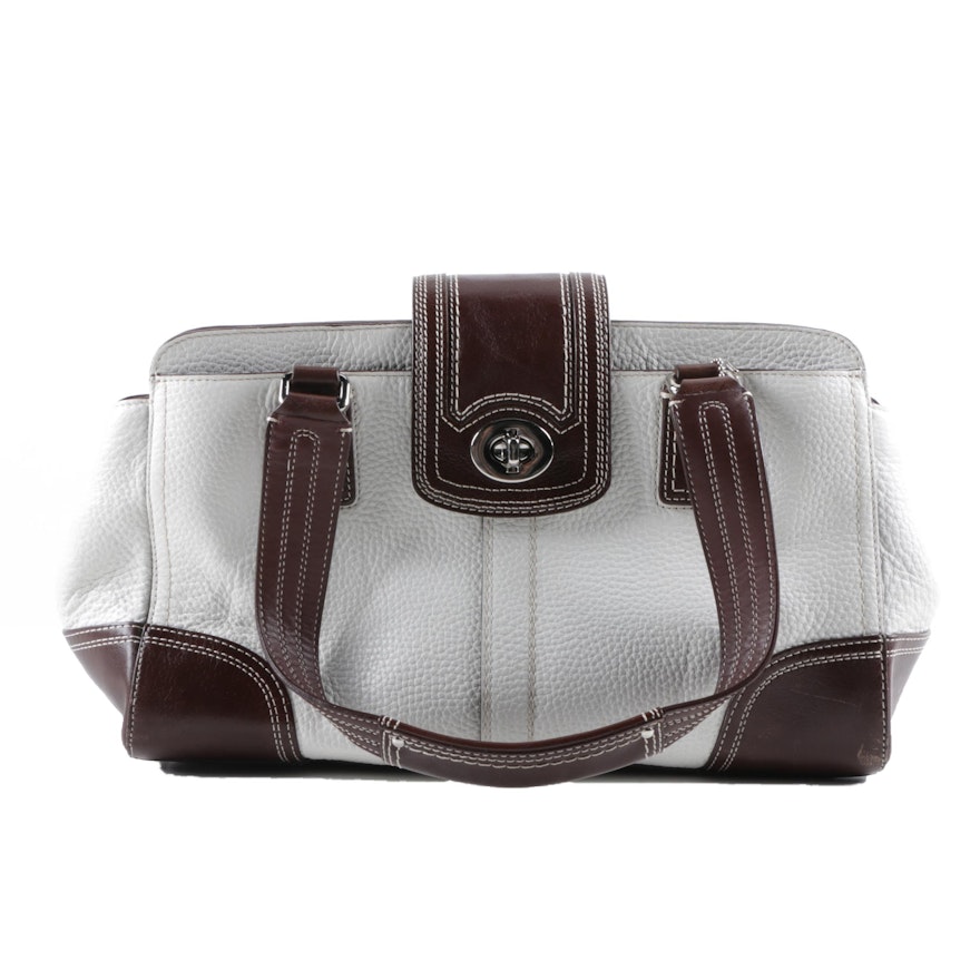 Coach Hampton White and Brown Pebbled Leather Satchel