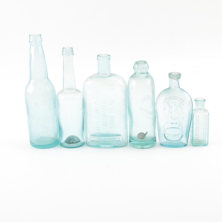 Six Vintage Glass Apothecary Bottles