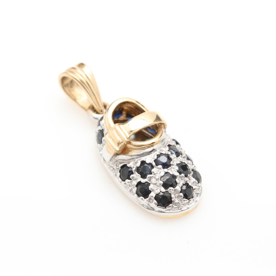 14K Yellow and White Gold Blue Sapphire Shoe Charm Pendant