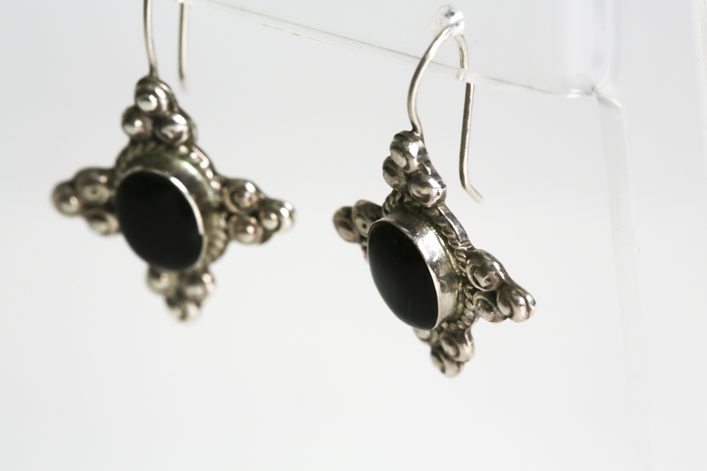 Sterling Silver Black Onyx and Mother of Pearl Bracelet and Black Onyx Earrings