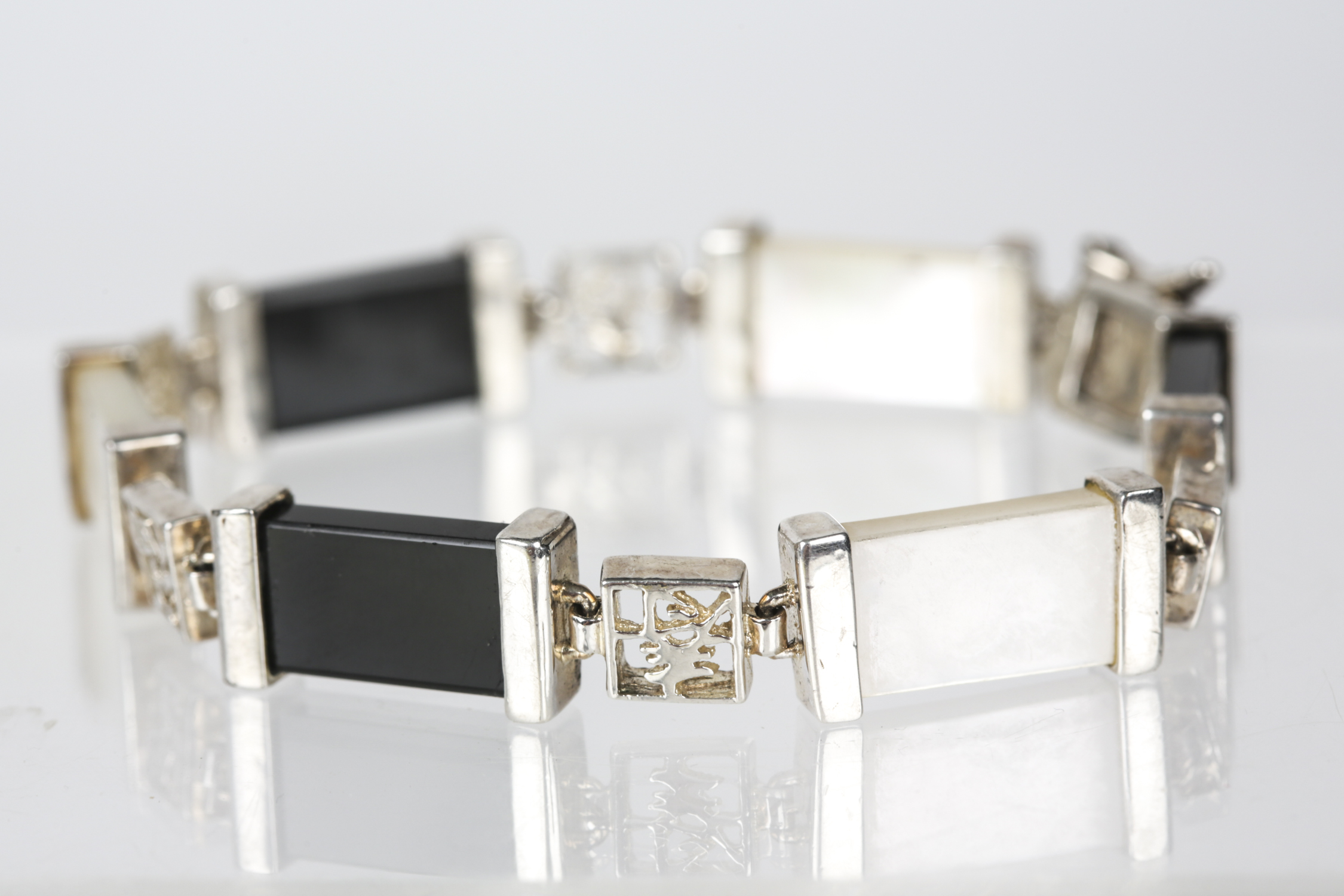 Sterling Silver Black Onyx and Mother of Pearl Bracelet and Black Onyx Earrings