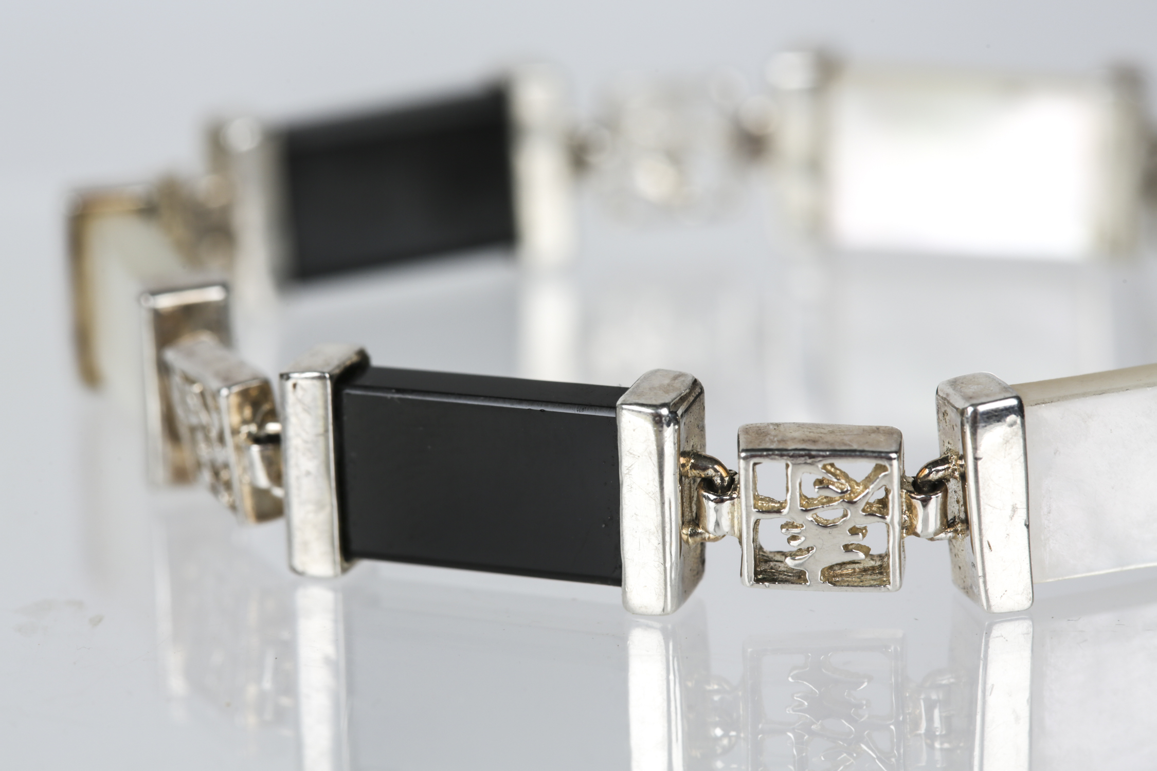 Sterling Silver Black Onyx and Mother of Pearl Bracelet and Black Onyx Earrings