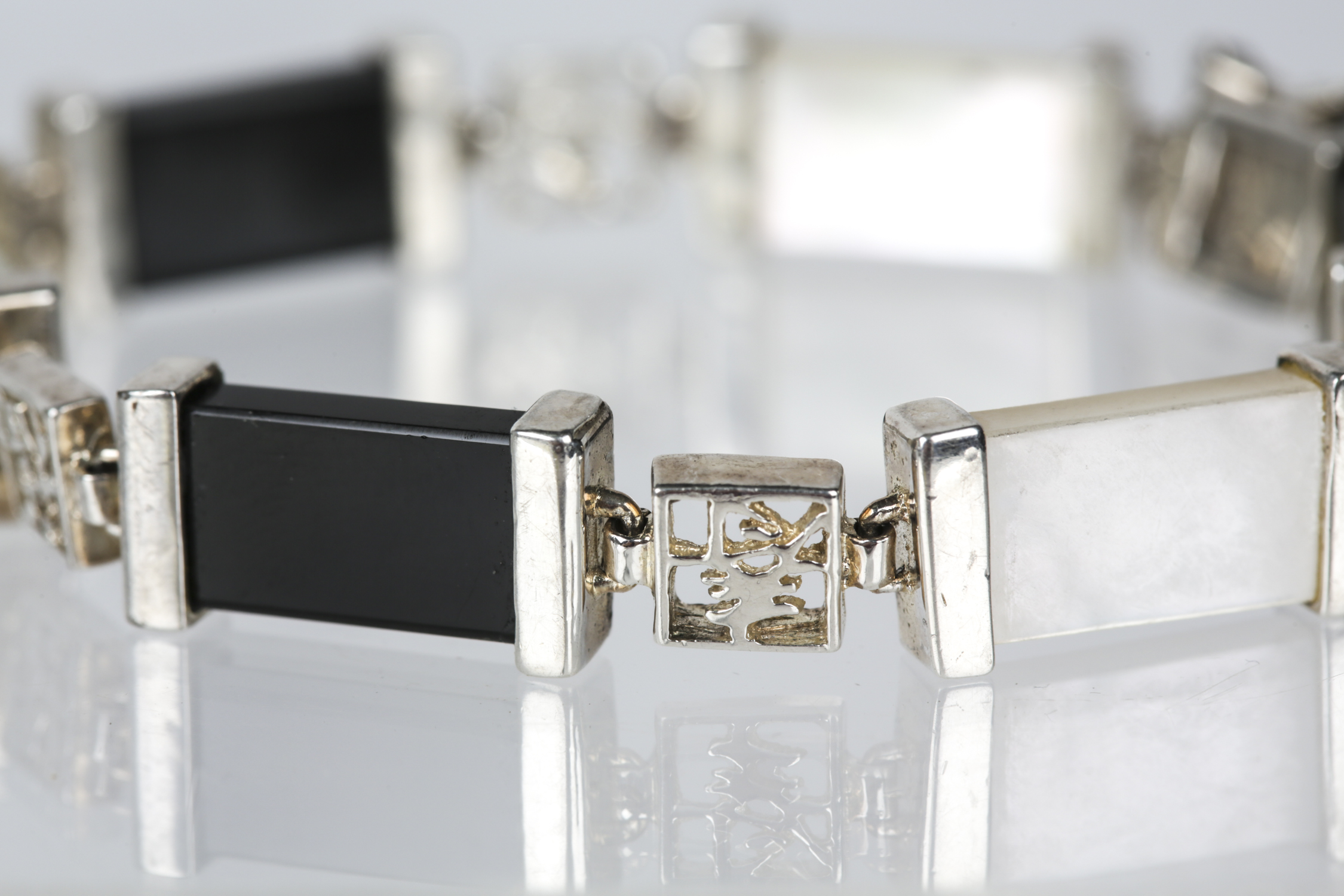 Sterling Silver Black Onyx and Mother of Pearl Bracelet and Black Onyx Earrings