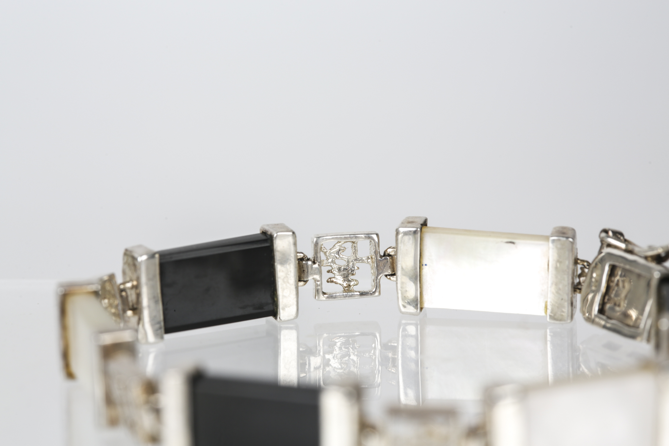 Sterling Silver Black Onyx and Mother of Pearl Bracelet and Black Onyx Earrings