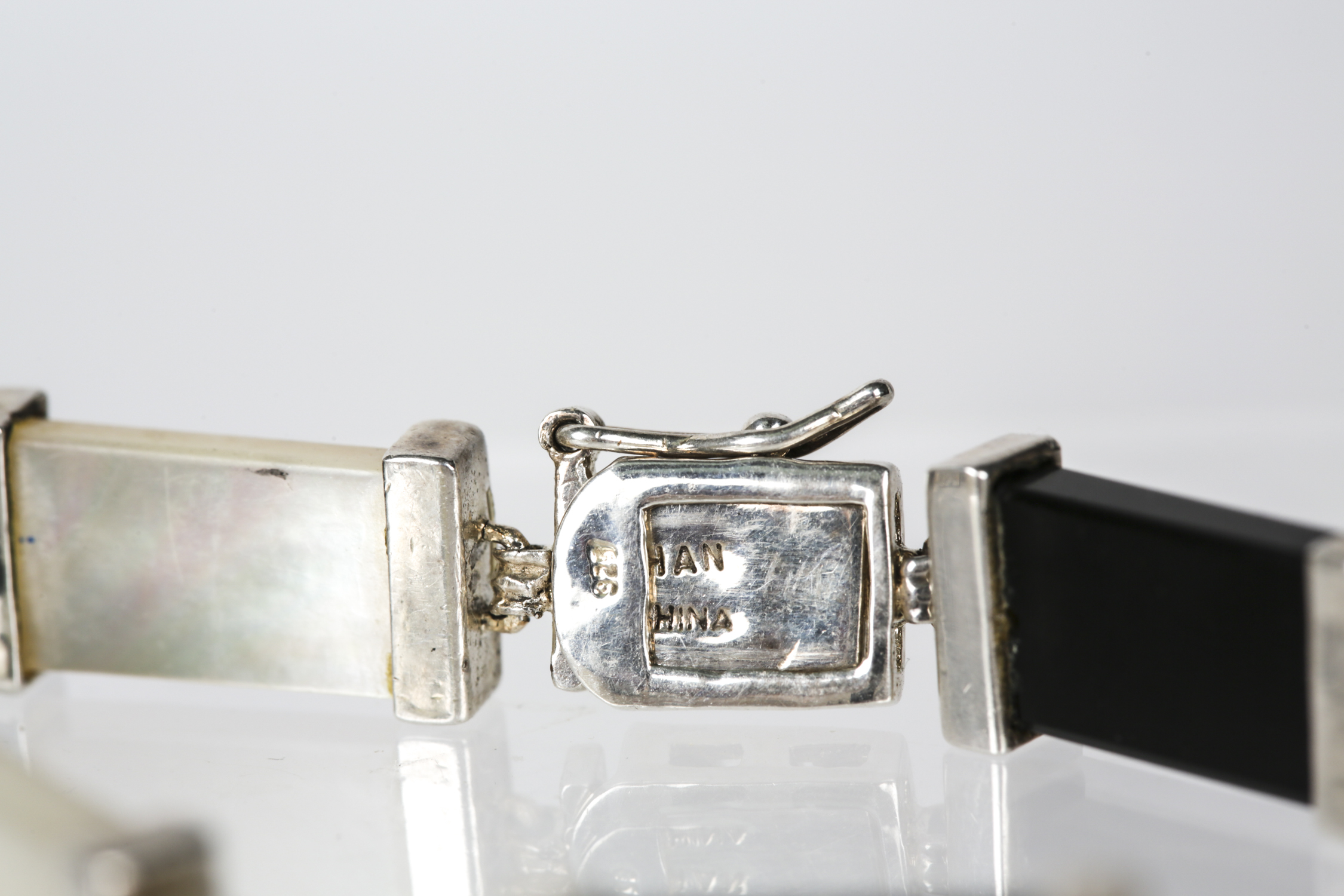 Sterling Silver Black Onyx and Mother of Pearl Bracelet and Black Onyx Earrings