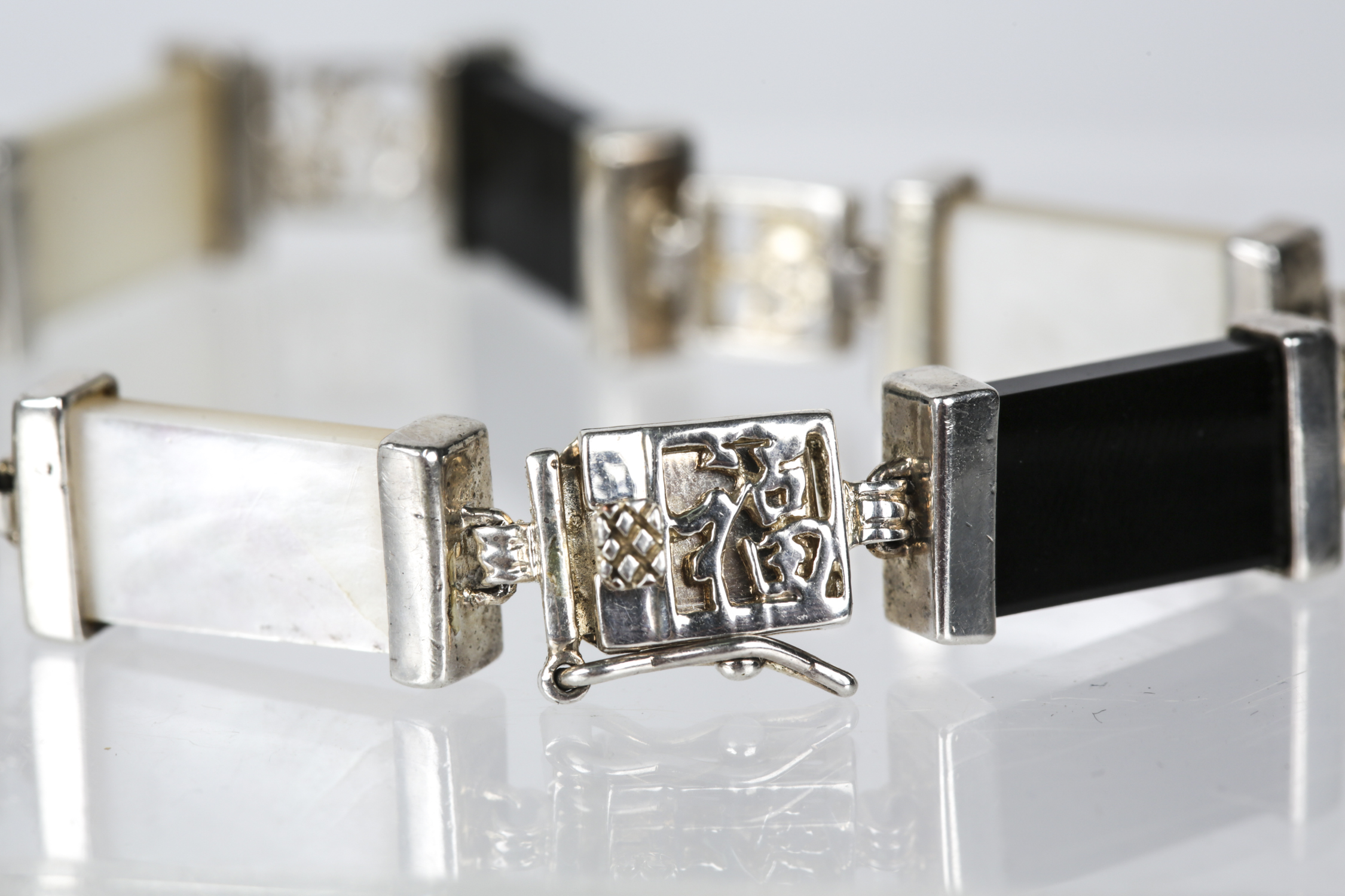 Sterling Silver Black Onyx and Mother of Pearl Bracelet and Black Onyx Earrings