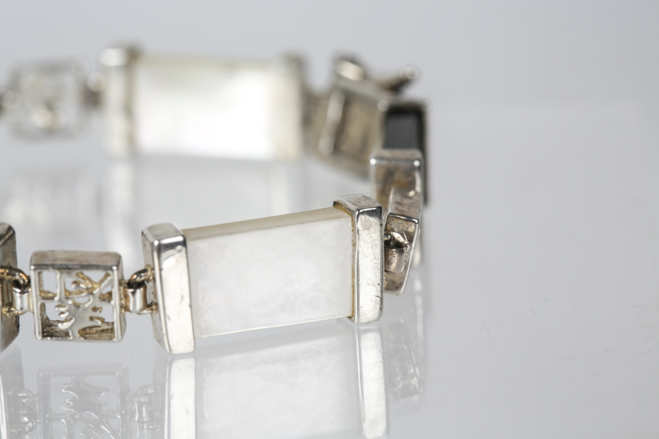 Sterling Silver Black Onyx and Mother of Pearl Bracelet and Black Onyx Earrings