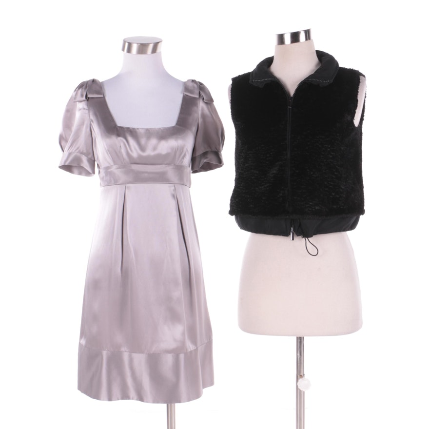 Rebecca Taylor Gray Silk Dress and Giorgio Armani Black Faux Fur Zip-Up Vest
