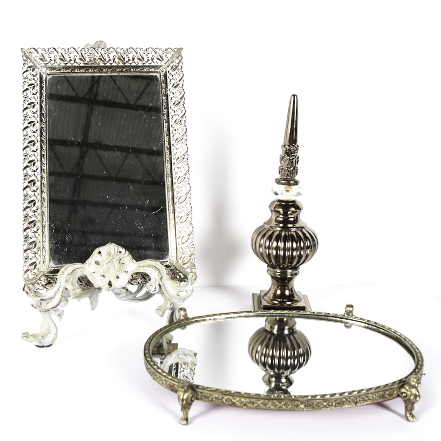 Metallic Mirrored Tray, Framed Mirror, and Decorative Bottle