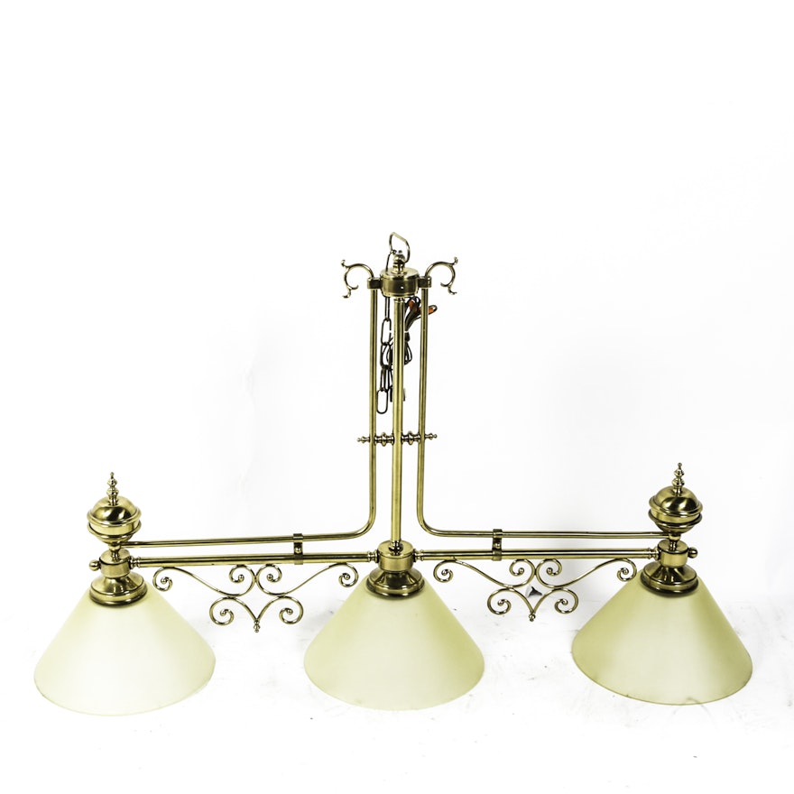Three Light Brass Ceiling Pendant with Inverted White Glass Globes