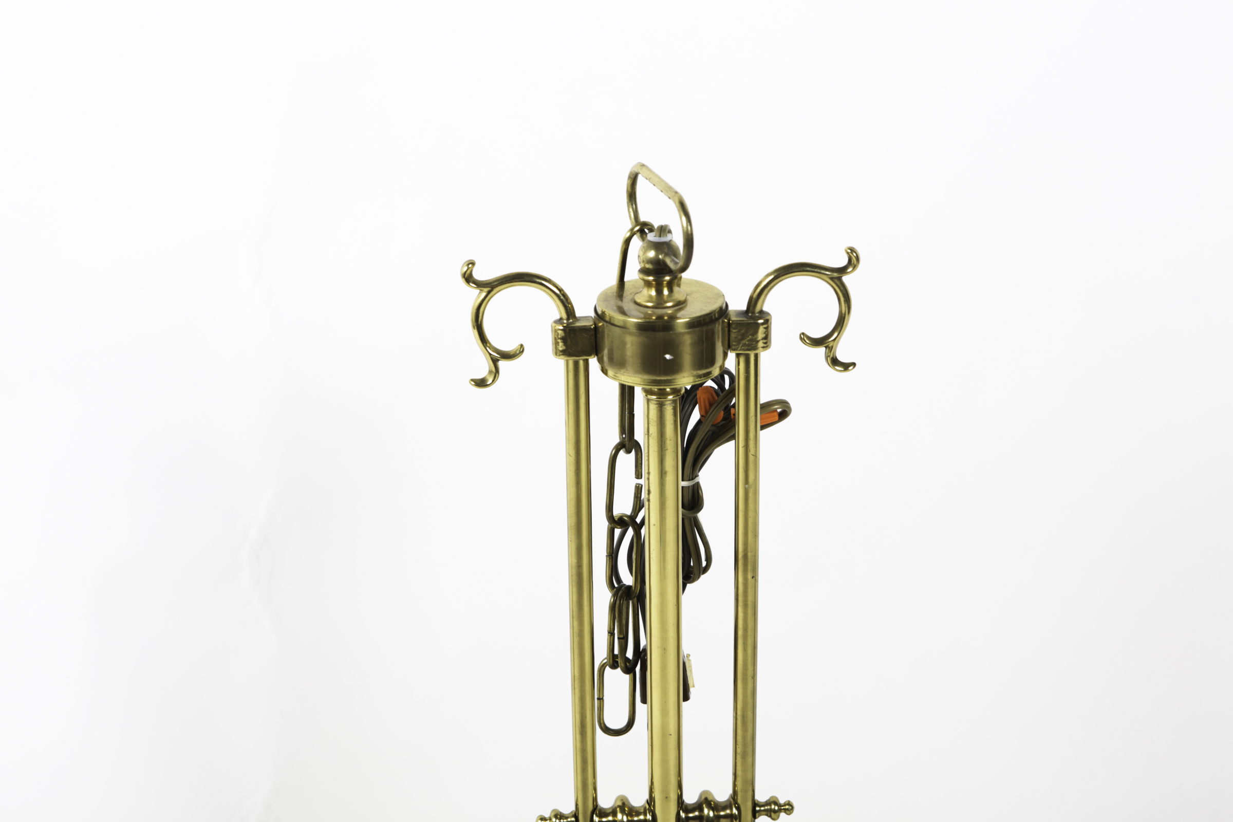 Three Light Brass Ceiling Pendant with Inverted White Glass Globes