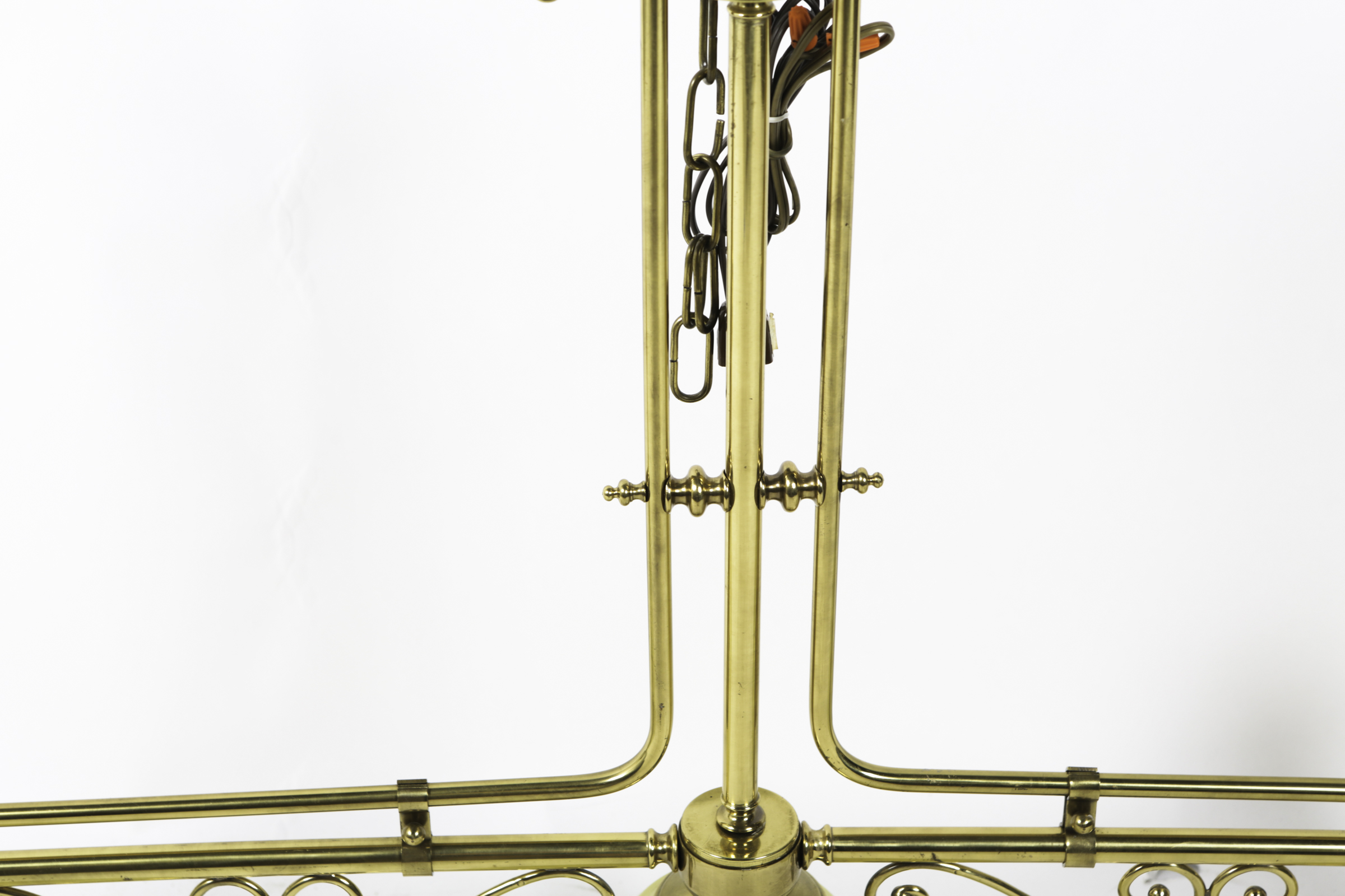 Three Light Brass Ceiling Pendant with Inverted White Glass Globes