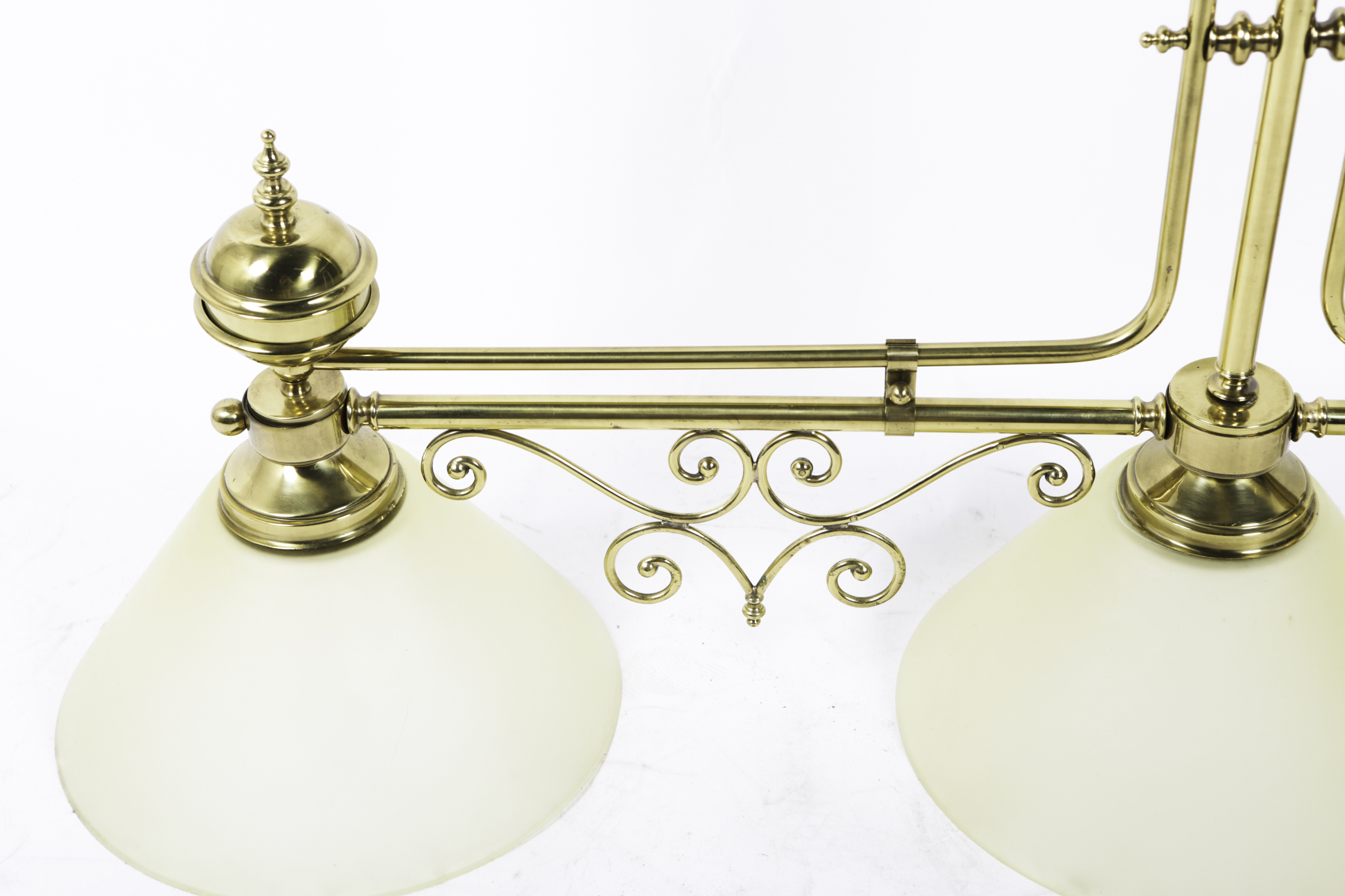 Three Light Brass Ceiling Pendant with Inverted White Glass Globes