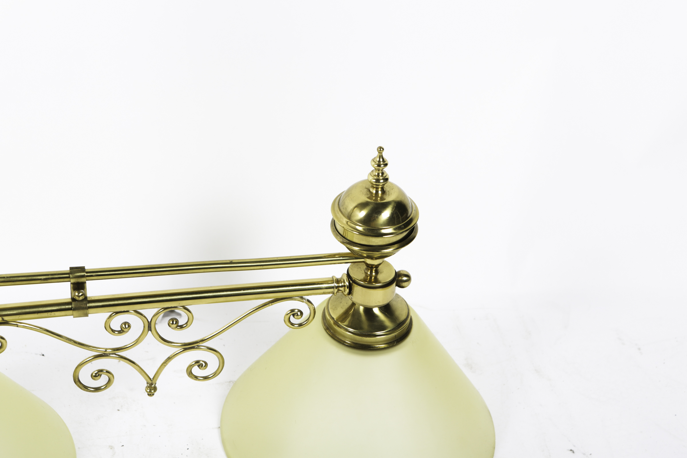 Three Light Brass Ceiling Pendant with Inverted White Glass Globes