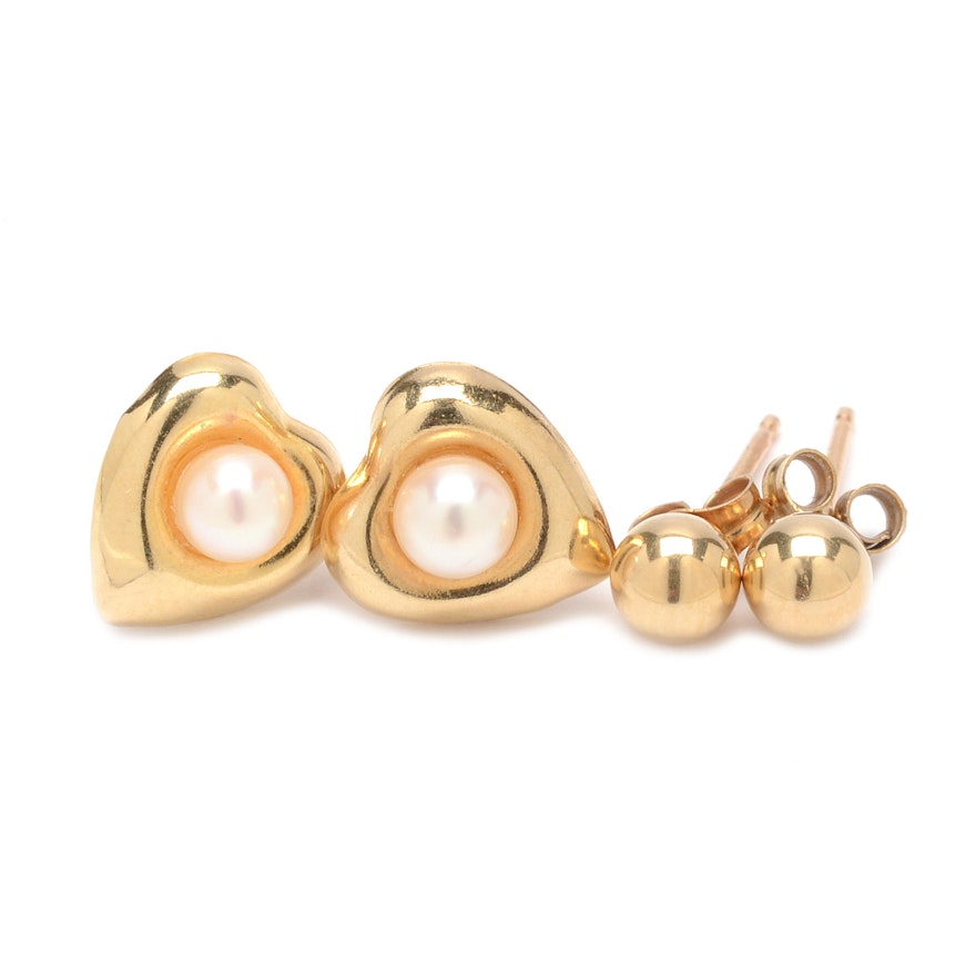 14K Yellow Gold Earrings, Including Heart Shaped Pearl Embellished Pair