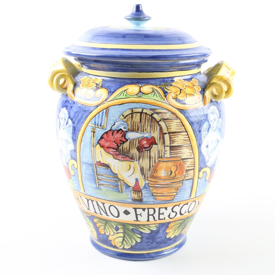 Italian Hand-Painted Maiolica Style Lidded "Vino-Fresco" Jar