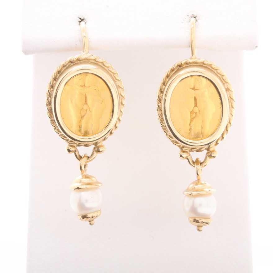 14K Yellow Gold Cultured Pearl and Intaglio Glass Earrings