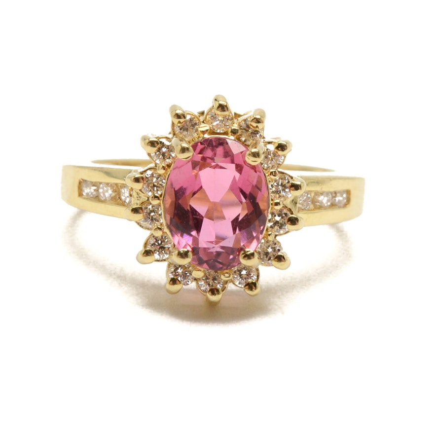 18K Yellow Gold Pink Tourmaline and Diamond Ring