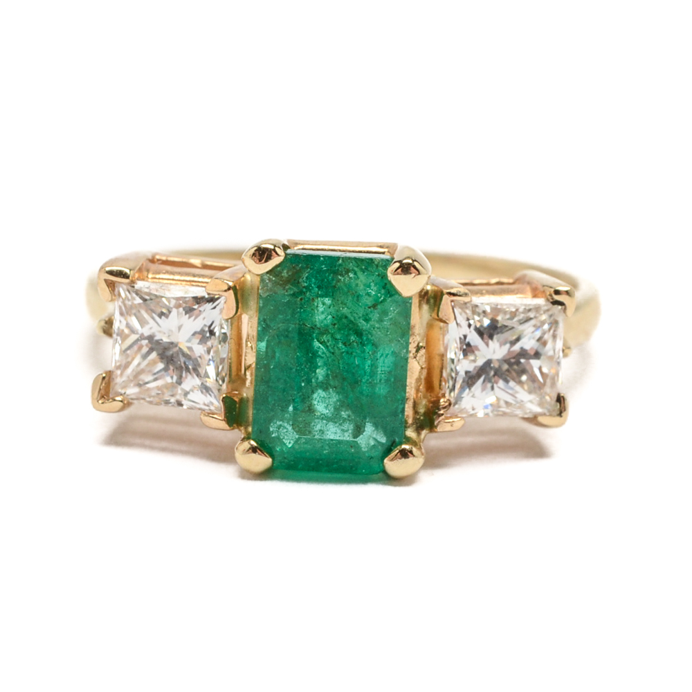 14K Yellow Gold Emerald and Diamond Ring