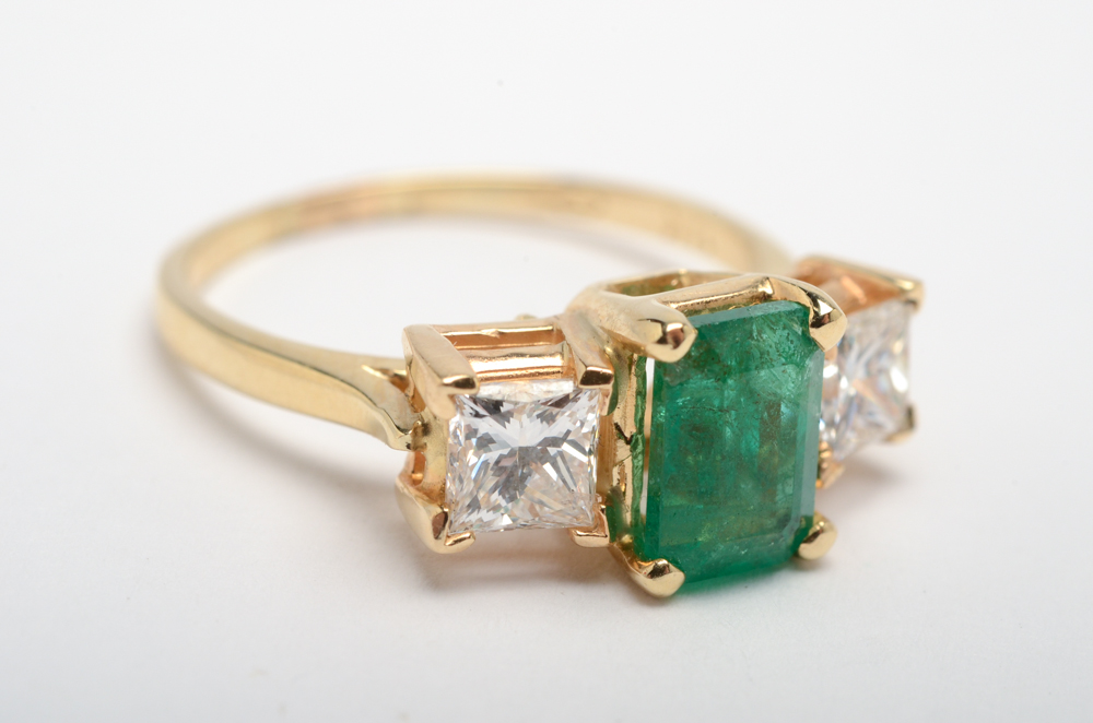 14K Yellow Gold Emerald and Diamond Ring