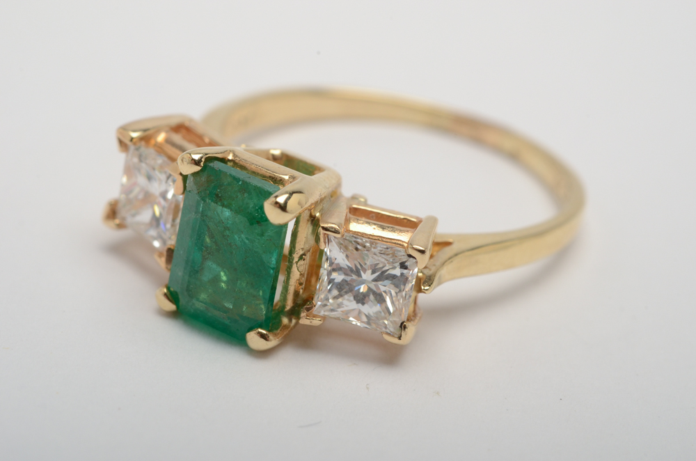 14K Yellow Gold Emerald and Diamond Ring