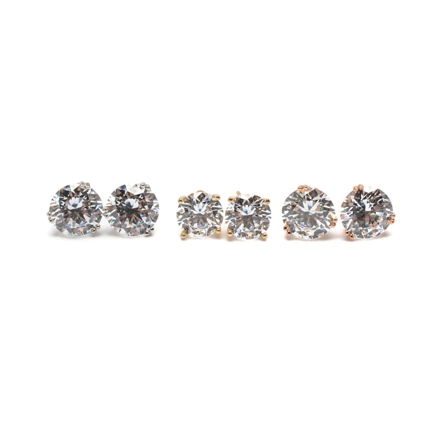 14K Yellow, Rose and White Gold Cubic Zirconia Stud Earrings