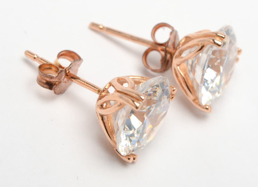 14K Yellow, Rose and White Gold Cubic Zirconia Stud Earrings