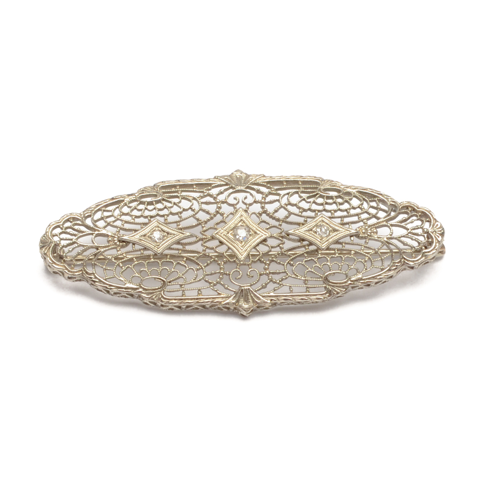 Late Edwardian 14K White Gold Diamond Filigree Brooch