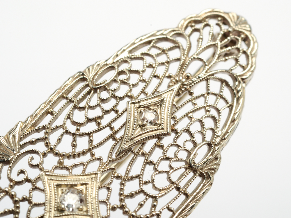 Late Edwardian 14K White Gold Diamond Filigree Brooch