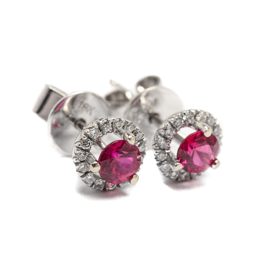 14K White Gold Ruby and Diamond Stud Earrings