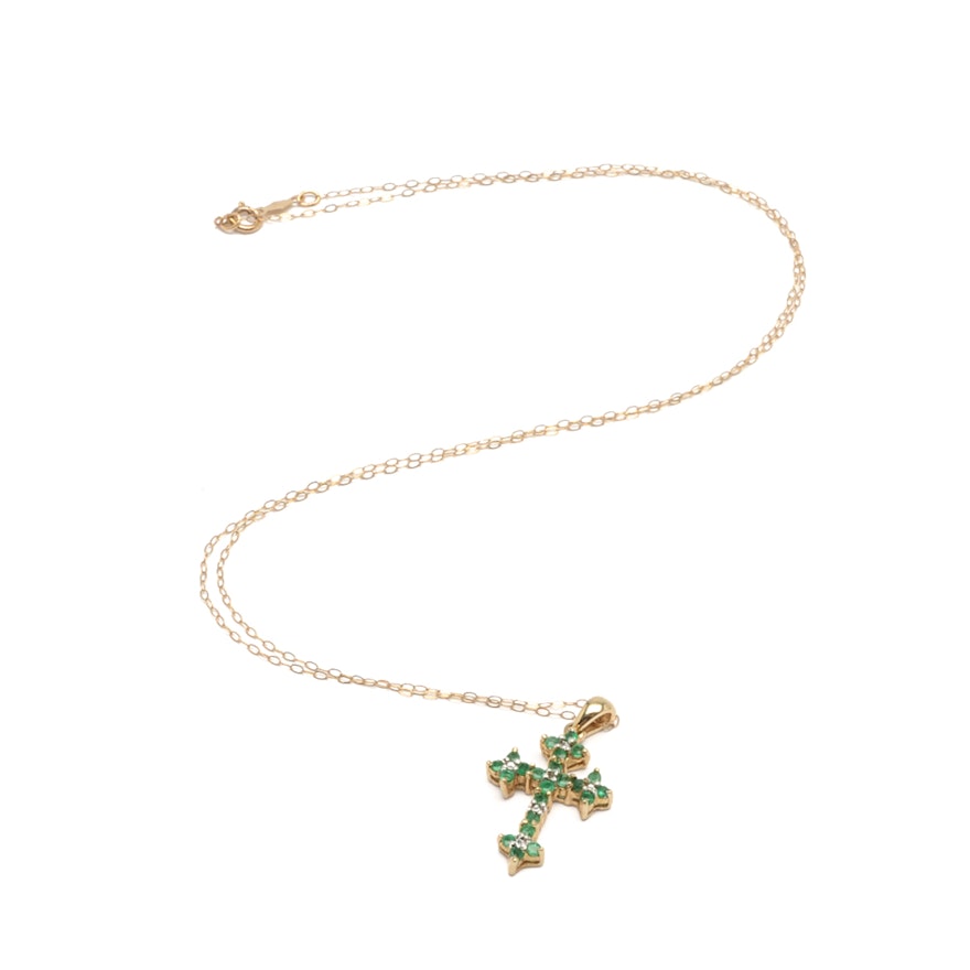 10K Yellow Gold Emerald and Diamond Cross Pendant on 14K Gold Chain Necklace