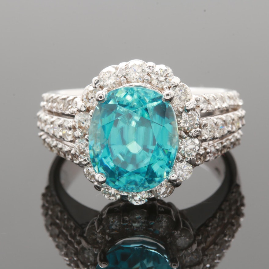 14K White Gold 7.01 CT Blue Zircon and 1.25 CTW Diamond Ring