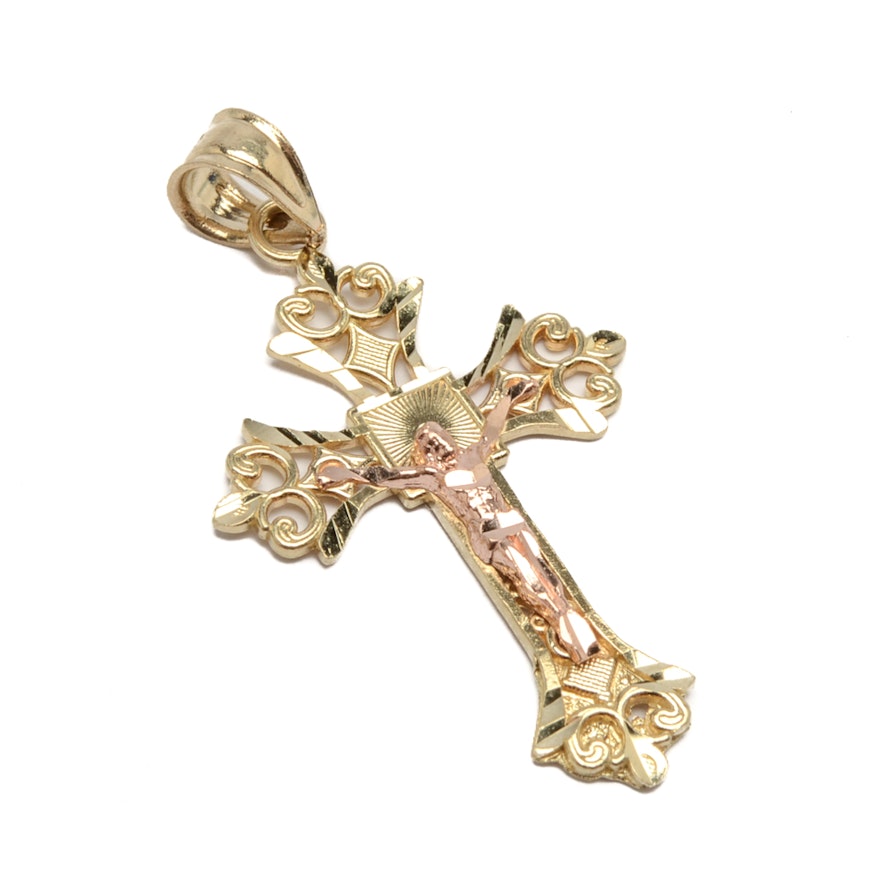 14K Yellow and Rose Gold Crucifix Pendant