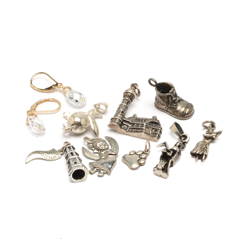 Assorted Sterling Silver Charms and Cubic Zirconia Earrings
