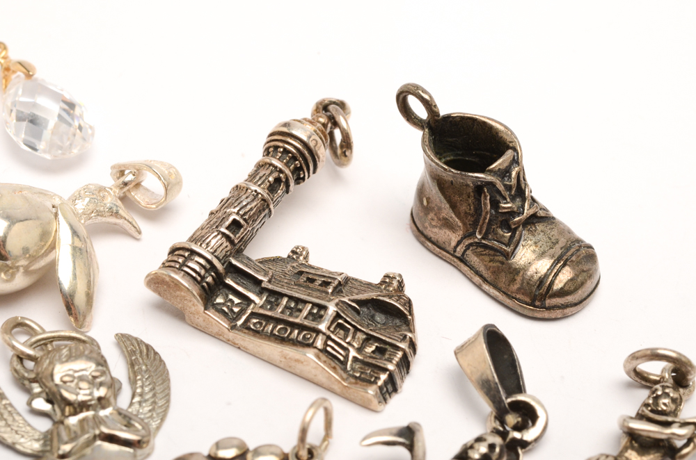 Assorted Sterling Silver Charms and Cubic Zirconia Earrings