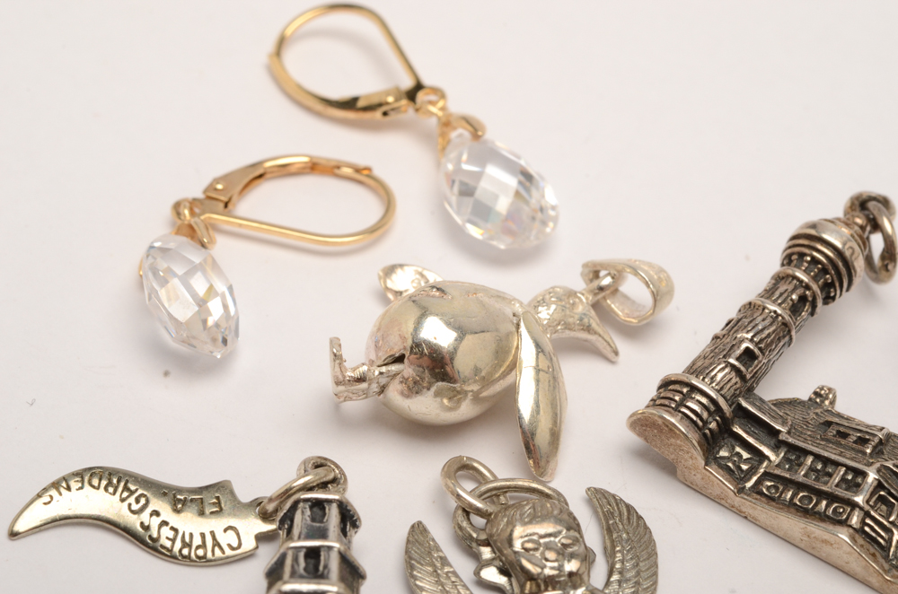 Assorted Sterling Silver Charms and Cubic Zirconia Earrings