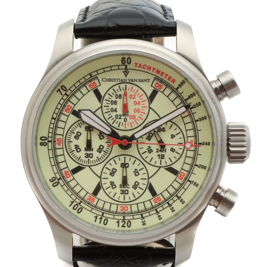 Christian Van Sant Quartz Chronograph Wristwatch with Black Leather Band
