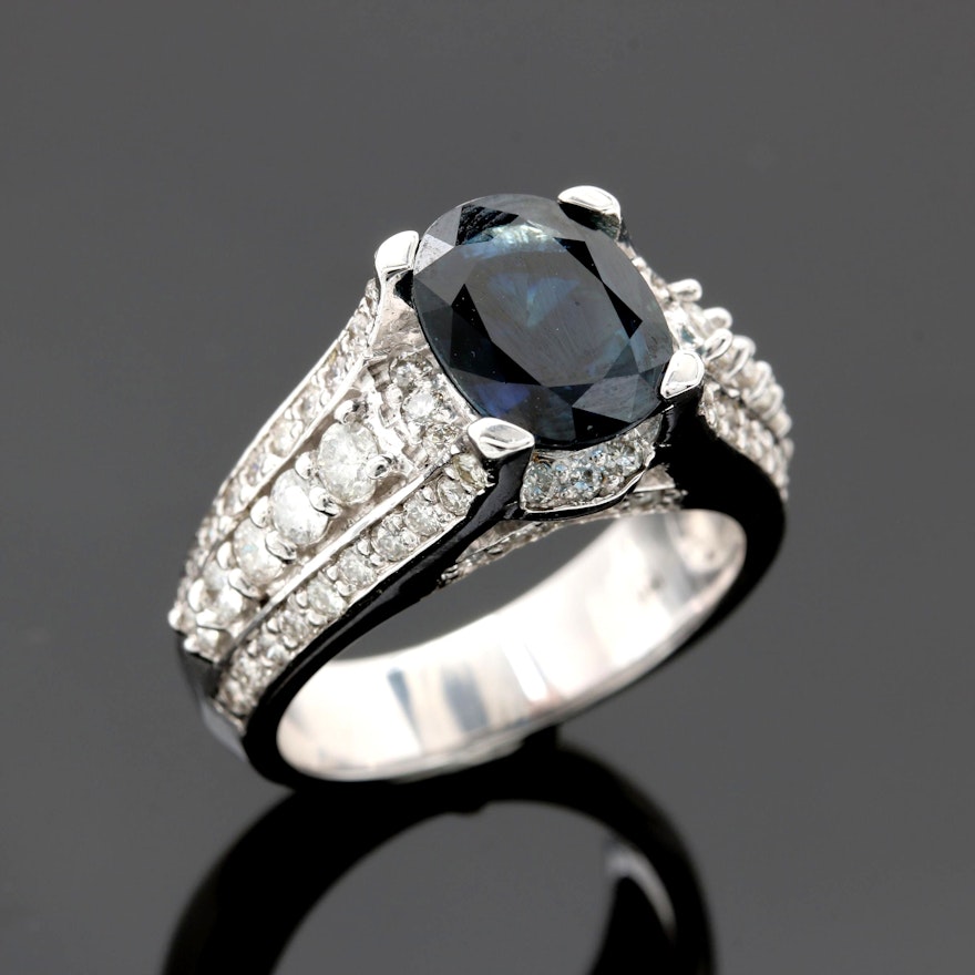 14K White Gold 3.01 CT Blue Sapphire and Diamond Ring