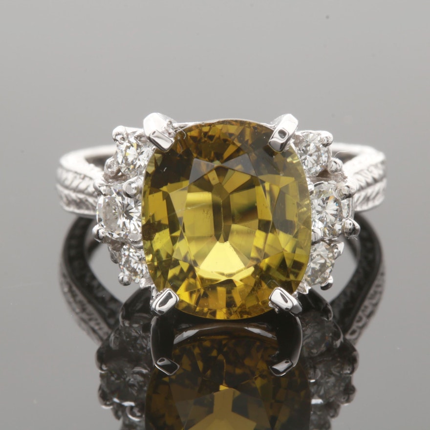 14K White Gold 5.43 CT Yellow Tourmaline and Diamond Ring