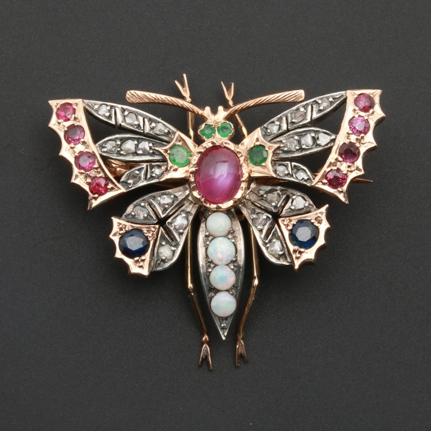 Late Victorian 14K Yellow Gold Ruby, Opal, Emerald, and Diamond Butterfly Brooch