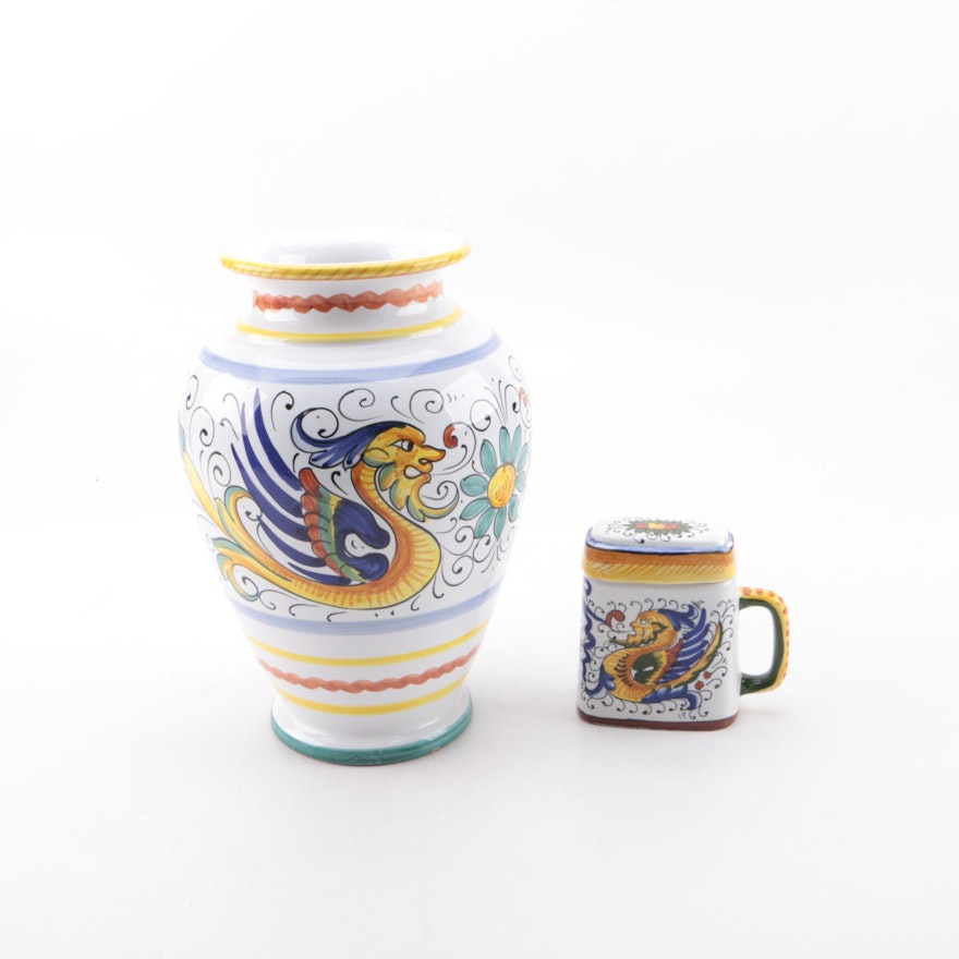 Italian Deruta "Raffellesco"  Hand-Painted Ceramic Vase and Pitcher